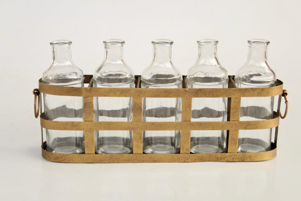 5 GLASS BOTTLES IN STAND  19X39CM
